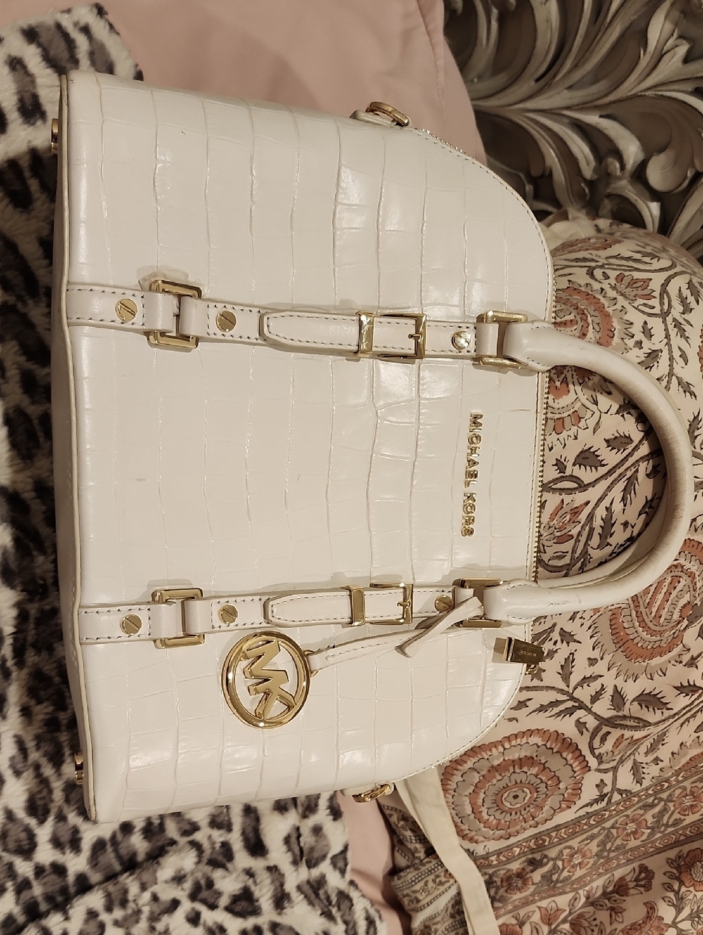 MICHAEL KORS Cream Croc-Embossed Leather Satchel with Gold Hardware